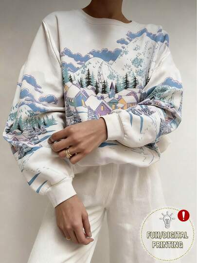 EMERY ROSE Sudadera holgada casual con cuello redondo y estampado de paisaje para mujer talla grande