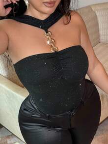 NU&NOW Plus Size Women's Elegant Sexy Clubwear Party Metallic Fabric Buckle Decor High-End Design Bust Ruched Camisole Top, Versatile Layering Piece - Black - View 2