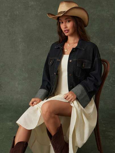 WESTFADE Chaqueta vaquera de ajuste boxy de mezcla de algodón con mangas con puños, para otoño, invierno, casual, linda, Navidad, Año Nuevo, estilo bohemio, ropa occidental para mujeres, Nashville, vaquera