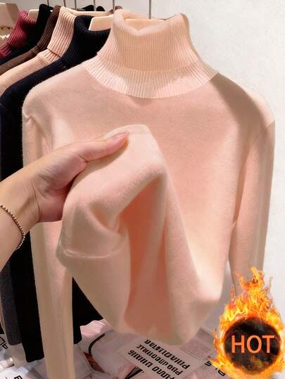 GlowEve CURVE 大码女式纯色高领长袖休闲抓绒T恤，秋冬季