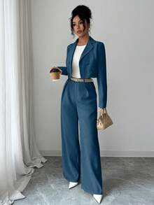 Elenzga 优雅休闲时尚办公通勤返校两件套，方领西装外套搭配宽松直筒裤，秋冬款 - 霧霾藍 - 查看 3