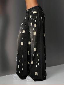 Jeanoix Women's Low Waist Fashionable Distressed Straight Loose Fit Casual Jeans - Black - View 3