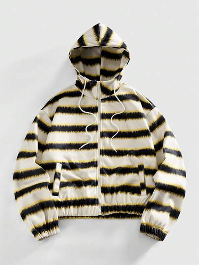 Men's Striped Pocket Hooded Casual Versatile Long Sleeve Jacket
