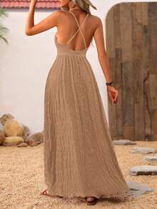Breezaya Wrap Backless Vacation Casual Casual - Modern Casual Dress - Khaki - View 2