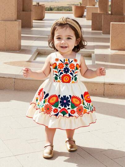 SHEIN Vintaside Kids Baby Girls' Casual Cartoon Animal Print Sleeveless Ruffled Hem Contrast Color Dress, Summer