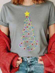 Camiseta de manga corta con cuello redondo, adornada con estampado, para ropa de Año Nuevo, camisetas gráficas para mujeres - Gris - Ver 1