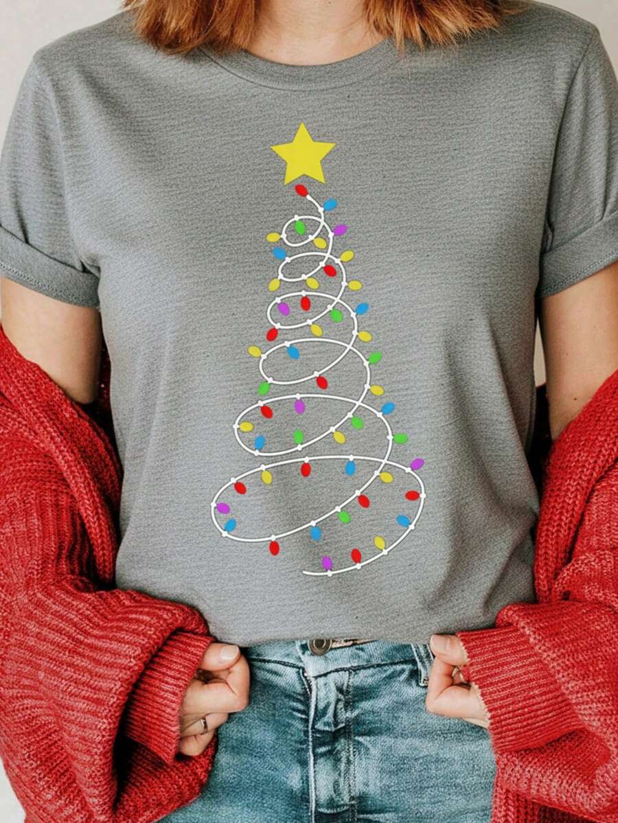 Camiseta de manga corta con cuello redondo, adornada con estampado, para ropa de Año Nuevo, camisetas gráficas para mujeres - Gris - Ver 1