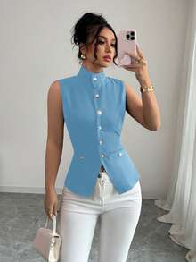 Selianne Vintage Style Front Center Decorative Button Women Sleeveless Shirt - Dusty Blue - View 5