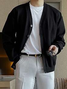 DAZY 男士休闲V领开衫，纯黑色，日常穿着，秋季款 - 黑色 - 查看 4