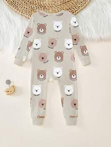 婴儿/幼儿男童可爱米色小熊印花弹力面料连体衣，拉链设计，舒适睡衣 - 杏色 - 查看 2