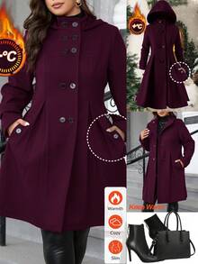 Ellevyn Plus Size Women's Solid Color Long Sleeve Double-Breasted Pleated Design Hooded Overcoat, Autumn/Winter - Purple - View 12