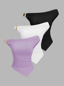 Sweetra 女士夏季欧美时尚纯色三件套，金属装饰扭结下摆不对称下摆修身休闲通勤百搭T恤 - 彩色 - 查看 3