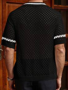 Manfinity RSRT Men's Regular Shoulder Short Sleeve Hollow Contrast Color Front Button Vintage Knit Top - Black - View 2