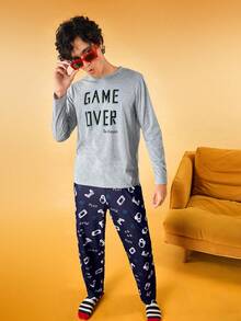 Notgurli 男士字母印花长袖衬衫和全印花长裤睡衣套装，舒适优雅的细节设计，秋冬服装 - 淺灰色 - 查看 5