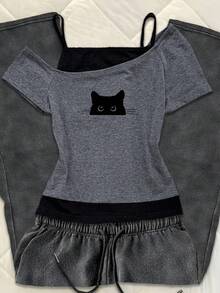 SHEIN PETITE Petite Casual Minimalist Style Black & Gray Contrast Fitted T-Shirt, Suitable For Spring & Summer - Multicolor - View 6