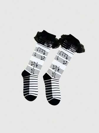Anime 1 par de calcetines de media pantorrilla con estampado de nota musical y pentágrama retro del milenio Y2K, con ribete de encaje en contraste, estilo minimalista lolita para mujeres, adecuados para uso diario, escuela, citas, compras