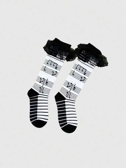 Anime 1 par de calcetines de media pantorrilla con estampado de nota musical y pentágrama retro del milenio Y2K, con ribete de encaje en contraste, estilo minimalista lolita para mujeres, adecuados para uso diario, escuela, citas, compras