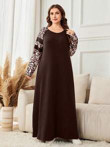 Lacomfia 大码休闲罗纹拼接豹纹圆领长袖宽松中长连衣裙，春秋季 - 彩色 - 查看 4