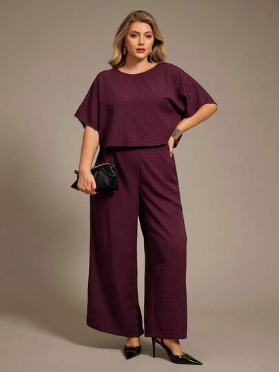 Auralis Valentine Outfits For Women/Burgundy Loose-Fitting Short-Sleeved Plus Size Shirt/Straight-Leg Pants With Pockets Plus Size Two-Piece Set/Elegant Commuter Suit/New Year Spring/Summer Two-Piece Set/Casual Street Style/Daily Date Outfit Plus Size Two Piece Outfit / Spring Outfit Women Spring Sets For Women Lounge Sets Plus Size Pants And Top Set Plus Pants And Top Set Plus Size Wide Leg Pants Set Plus Size Pants Suit Curve Pants Set Plus Size Elegant Pants Set Plus Size Pants Set