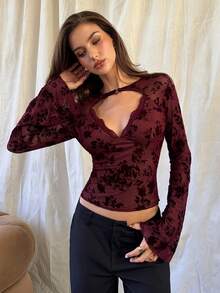 Aloruh Áo dài tay cổ chữ V sâu gợi cảm ren đen dành cho lễ hội âm nhạc Giáng sinh dành cho nữ - Màu Đỏ Sâu - Xem 4
