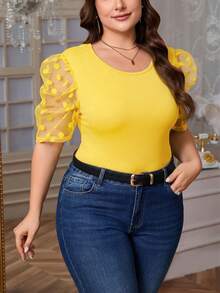 SHEIN Privé 大码女式T恤，网眼波点拼接，圆领泡泡袖，黑色修身款，适合日常穿着、外出就餐、教师制服；返校泡泡袖上衣，复古学院风 - 黃色 - 查看 4