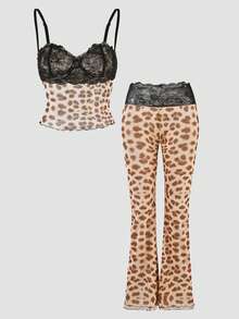 INAWLY Plus Size Women Leopard Print Lace Patchwork Camisole Top With Elastic Waist Pants, New Spring Collection, Suitable For Daily Wear, Dates, Vacations, Birthday Parties, Back To School Parties, Singles Parties, Travels, Spring & Autumn Seasons - Multicolor - View 5