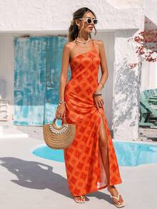 Vivid Eden Đầm nữ kiểu Bohemian cổ yếm xẻ cao họa tiết hình học, thích hợp cho kỳ nghỉ hè ở bãi biển. - trái cam - Xem 2