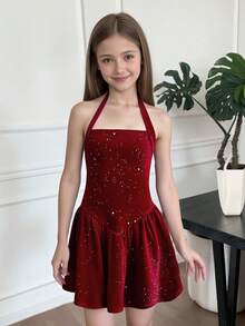 Serisse Kids Váy cổ yếm không tay thường ngày cho bé gái tuổi teen, thích hợp mặc hàng ngày và dự tiệc sinh nhật - Màu Đỏ Sâu - Xem 1
