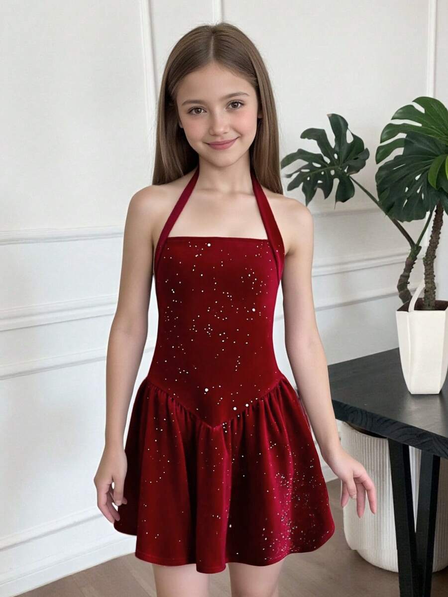 Serisse Kids Váy cổ yếm không tay thường ngày cho bé gái tuổi teen, thích hợp mặc hàng ngày và dự tiệc sinh nhật - Màu Đỏ Sâu - Xem 1