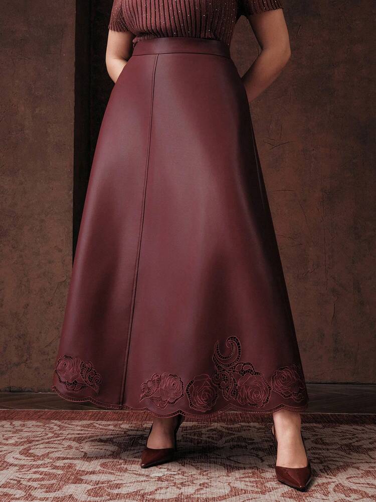 Plus Size Women's New Burgundy PU Embroidered Elegant Sophisticated A-Line Skirt, Suitable For Christmas