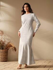 Anewsta Đầm Maxi Ôm Body Cổ Tròn Tay Dài Sọc Lấp Lánh Thanh Lịch Cho Nữ, Thích Hợp Cho Giáng Sinh, Xuân/Thu - Đen và trắng - Xem 5