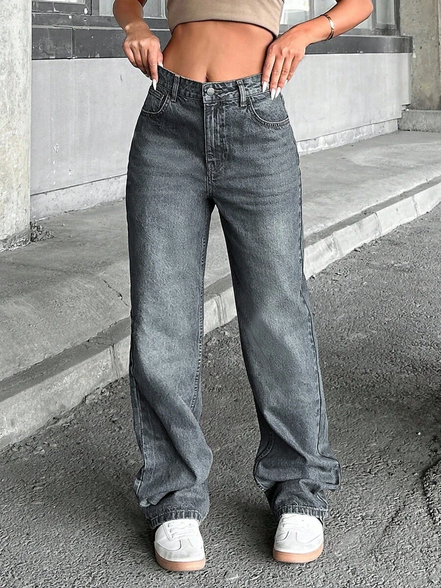 EURMUSE 100Cotton WOMEN HIGH WAIST STRAIGH VINTAGE Casual WASHING JEANS Everyday Grey Autumn - Dusty Blue - View 1