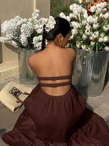 MainGRL 波西米亚风白色连衣裙，无肩带，适合春夏度假 - 棕色 - 查看 2