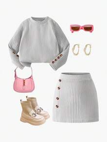 Elladie kids 2pcs/Set Young Girls Pink Textured Long Sleeve T-Shirt And Textured Button Skirt - Grey - View 4