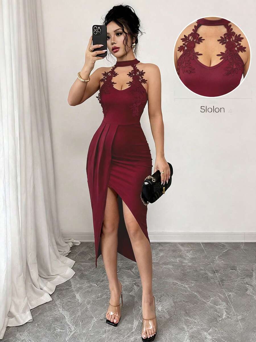 Elenzga Đầm Maxi Bodycon xẻ tà cao cổ chữ V phối ren thanh lịch dành cho nữ, thích hợp mặc đi nghỉ, hẹn hò, tụ tập hàng ngày và dự tiệc, mùa Xuân/Hè - Màu Đỏ Sâu - Xem 1