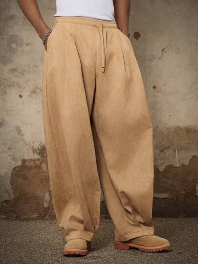 PAVTROS 男士纯色抽绳腰带口袋阔腿宽松休闲裤，男士，宽松，最佳，男友风，夏季，度假，Y2K，复古，朋友，舒适哈伦裤，休闲天鹅绒质感