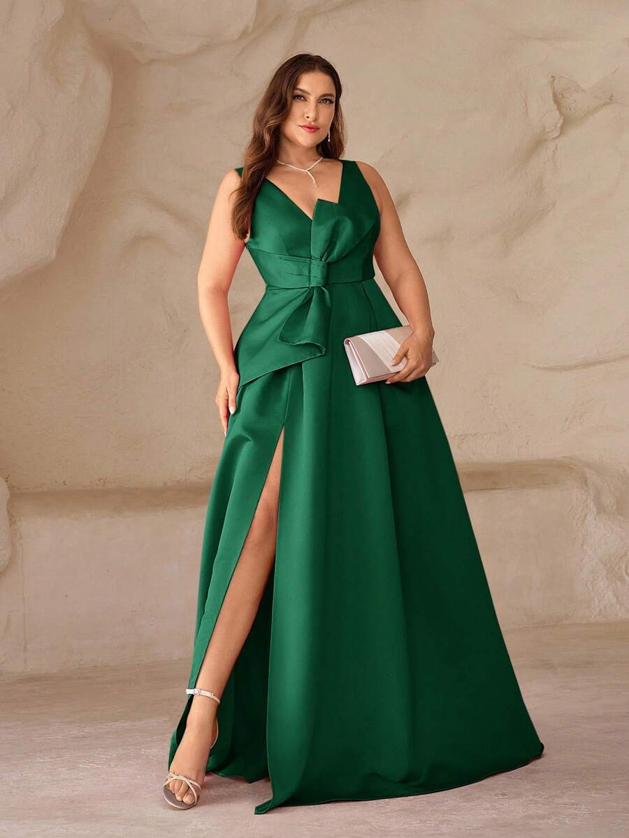SHEIN Belle Vestido formal asimétrico con escote en V profundo, abertura alta y lazo en talla grande color fucsia, elegante vestido de noche - Verde Oscuro - Ver 1