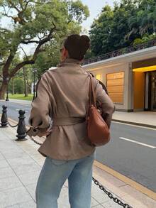 EMERY ROSE Women's High Collar Raglan Sleeve Plaid Retro Versatile Regular Jacket - Khaki - View 2