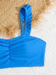 SHEIN Bộ bikini cho thiếu nữ, đồ bơi dệt kim màu trơn có dây đeo và bèo nhún với váy che in họa tiết, thời trang và thanh lịch, thích hợp cho bơi lội, đi biển mùa hè, bộ đồ bơi 2 mảnh kín đáo cho thiếu nữ, bộ đồ bơi hai mảnh mùa hè kín đáo, bikini màu xanh dương, đồ bơi cạp cao màu xanh dương, bộ bikini cạp cao màu xanh dương, đồ bơi cho thiếu nữ, kỳ nghỉ hè màu xanh dương, đồ bơi giữ nhiệt, lễ hội Giáng sinh - Xanh đậm - Xem 3