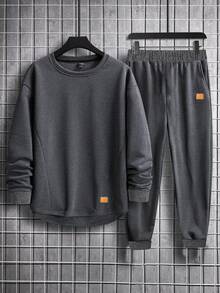 SHEIN 2 件套青少年男孩圆领贴片运动衫和运动裤套装，适合通勤、学校、休闲、运动、秋冬季、羊毛、加厚返校服 - 灰色 - 查看 4