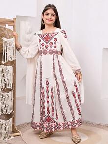 SHEIN Áo choàng hoa cổ vuông sang trọng mới cho bé gái tuổi teen mùa xuân/hè, phù hợp cho đám cưới, dạ hội trang trọng và các sự kiện văn hóa (Chuẩn bị cho mùa xuân/hè, sang trọng dễ dàng, phong cách hiện đại) Trang phục mùa hè, trang phục mùa xuân, trang phục truyền thống Ả Rập, Kaftan, Jalabiya, Abaya, Ramadan, đồ đôi chị em, đồ đôi mẹ con. - Màu Khaki - Xem 4