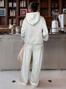 SHEIN EZwear 女士浅灰色针织连帽衫和运动裤套装 - 淺灰色 - 查看 2