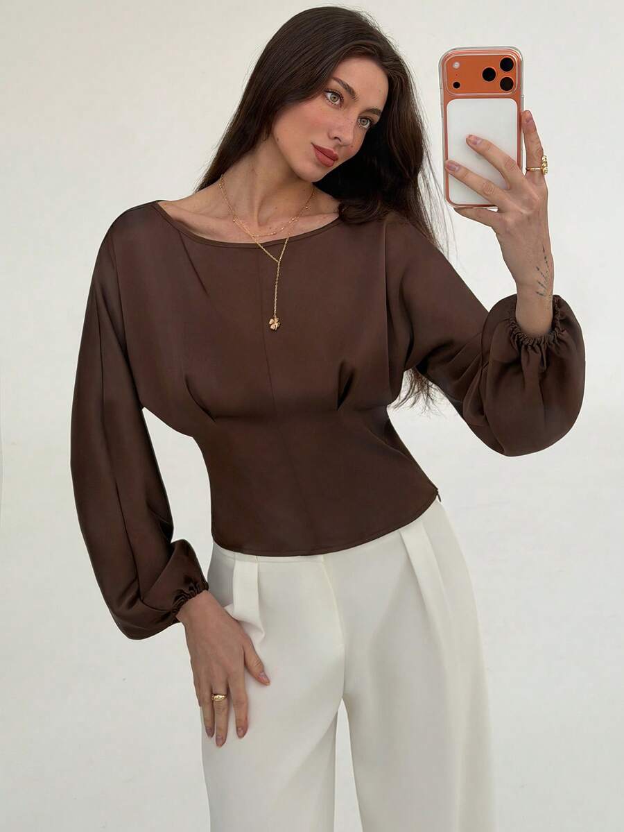 Aloruh Áo sơ mi poplin tay lỡ màu nâu thanh lịch dành cho nữ - màu nâu - Xem 1