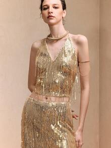 Revavyn 女士无袖亮片吊带系带露脐流苏设计优雅约会之夜露脐上衣 - 金色 - 查看 4