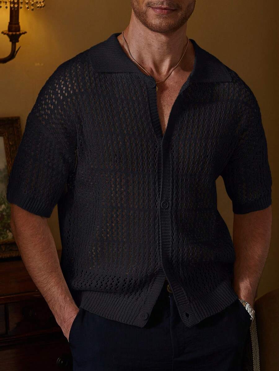 Manfinity Homme Suéter de punto con botones de unicolor casual y elegante para hombres - Negro - Ver 1