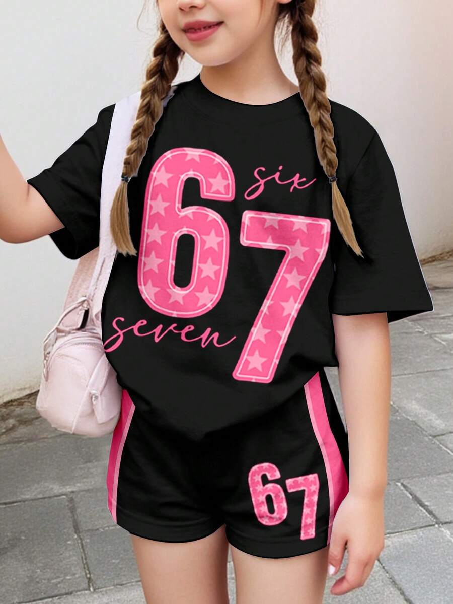 SHEIN 2件套女童休闲可爱67号星形蝴蝶结印花短袖上衣和短裤套装,适合夏季穿着 - 彩色 - 查看 1
