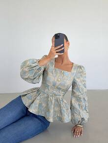 Siren Gaze 女士时尚优雅荷叶边下摆方领长袖衬衫 - 綠色 - 查看 1