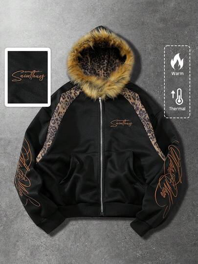 Herren Leoparden-Muster Patchwork Hoodie Sweatshirt, amerikanischer Streetstyle Lässig Sweatshirt für Herbst/Winter