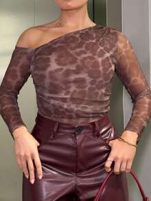 Bethéva Women's Fashion Leopard Print Mesh Open Shoulder Long Sleeve Bodysuit Fall Cloth For Women - Coffee Brown - View 3