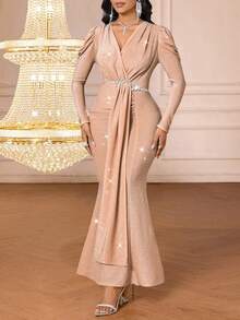 SHEIN Lady Đầm dài ren ánh kim màu sâm panh thanh lịch dành cho nữ, thích hợp dự tiệc - Rượu sâm banh - Xem 10